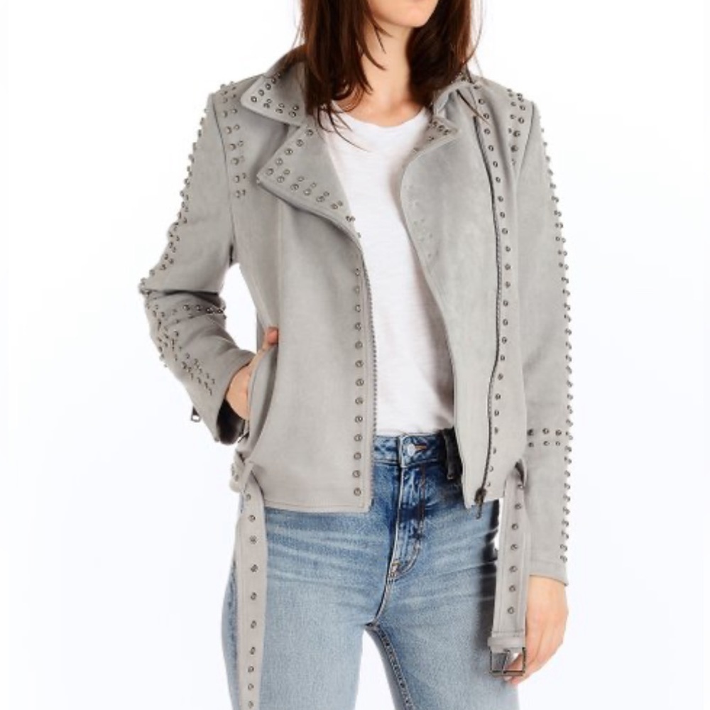 NWT Vigoss Studded Faux Suede Moto Jacket Size Small gray